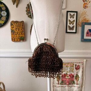 Vintage Flapper Style Crossbody Mini Purse Victorian Revival Beaded Fringe Bag